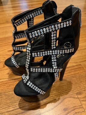 Pleaser Black Rhinestone Cage Platform Heels, Size 6